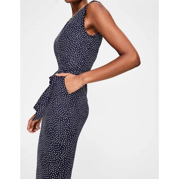 Boden Camille Polka Dot Midi Dress Navy Blue Tie Waist Slit Back Zip Sz 12 - Picture 5 of 14